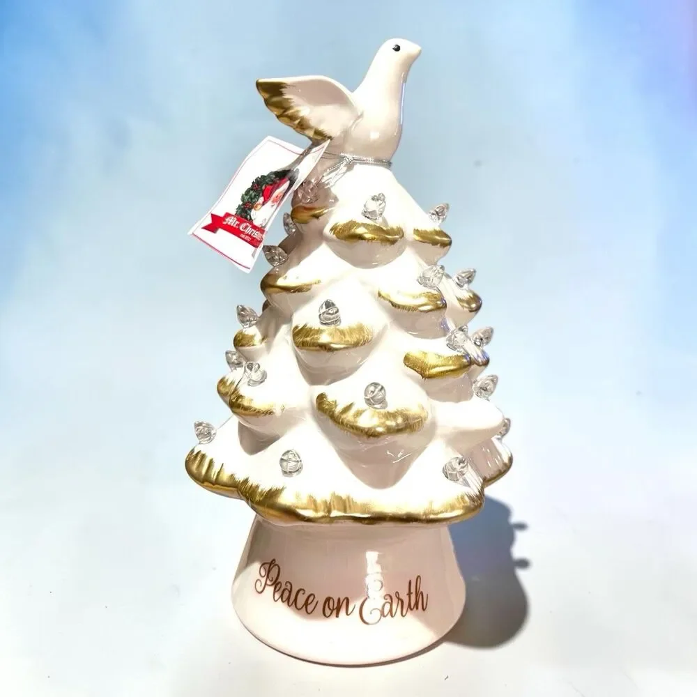 Mr Christmas Ceramic Christmas Tree Peace on Earth White Dove Lit Timer 8.5 x 5
